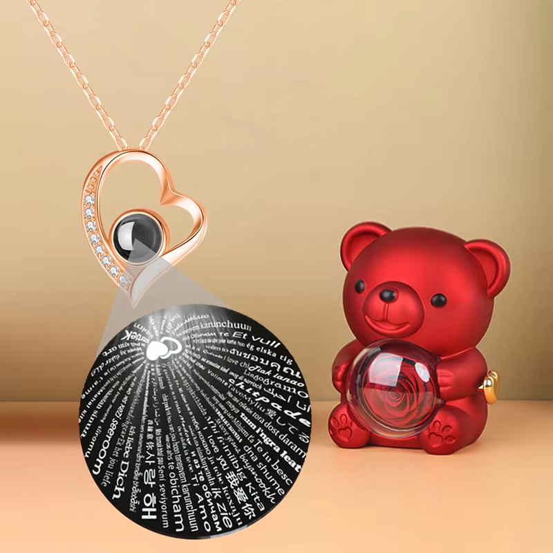 Rotating Jewelry Box with Eternal Rose and Necklace, Gift Box with Teddy Bear and Necklace with I Love You Projection in 100 Languages for Weddings and Special Occasions