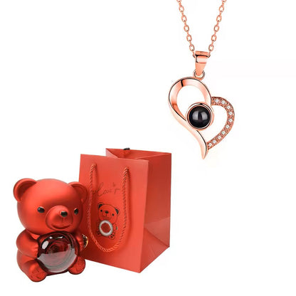 Rotating Jewelry Box with Eternal Rose and Necklace, Gift Box with Teddy Bear and Necklace with I Love You Projection in 100 Languages for Weddings and Special Occasions