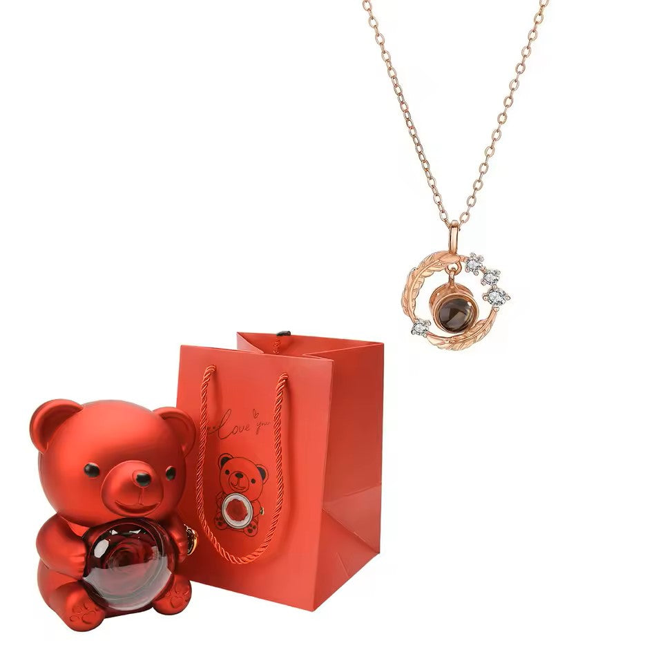 Rotating Jewelry Box with Eternal Rose and Necklace, Gift Box with Teddy Bear and Necklace with I Love You Projection in 100 Languages for Weddings and Special Occasions