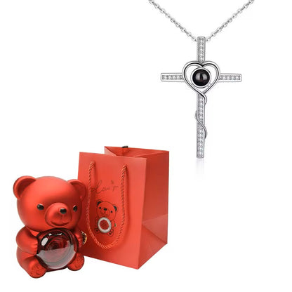 Rotating Jewelry Box with Eternal Rose and Necklace, Gift Box with Teddy Bear and Necklace with I Love You Projection in 100 Languages for Weddings and Special Occasions