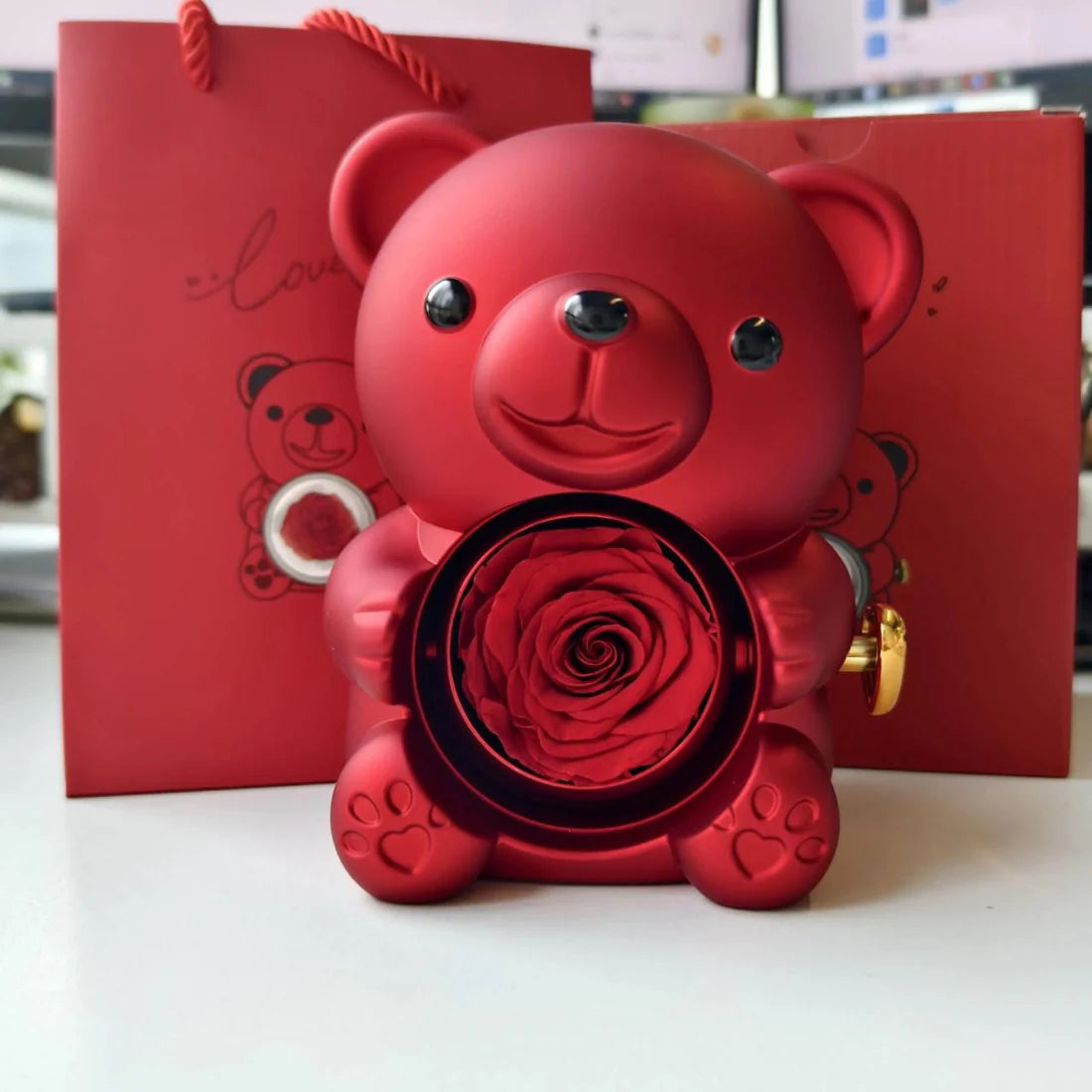 Rotating Jewelry Box with Eternal Rose and Necklace, Gift Box with Teddy Bear and Necklace with I Love You Projection in 100 Languages for Weddings and Special Occasions